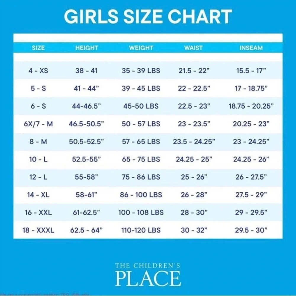 The Children's Place Girls Size Chart - Blue and White Grid